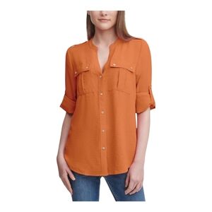 Calvin Klein Banded Collar Pocket Detail Long Roll-Tab Sleeve Blouse